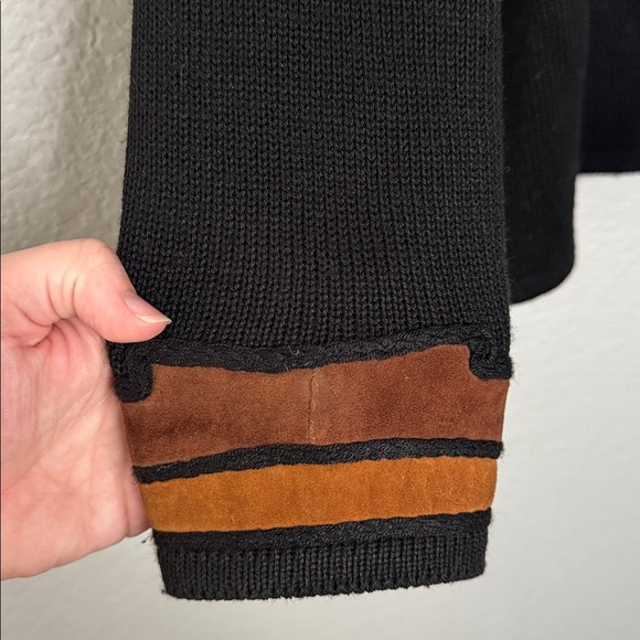 Vintage Knit Button-Up Sweater Jacket Suede Chevron Retro Western 70s Sz Medium - Picture 4 of 6